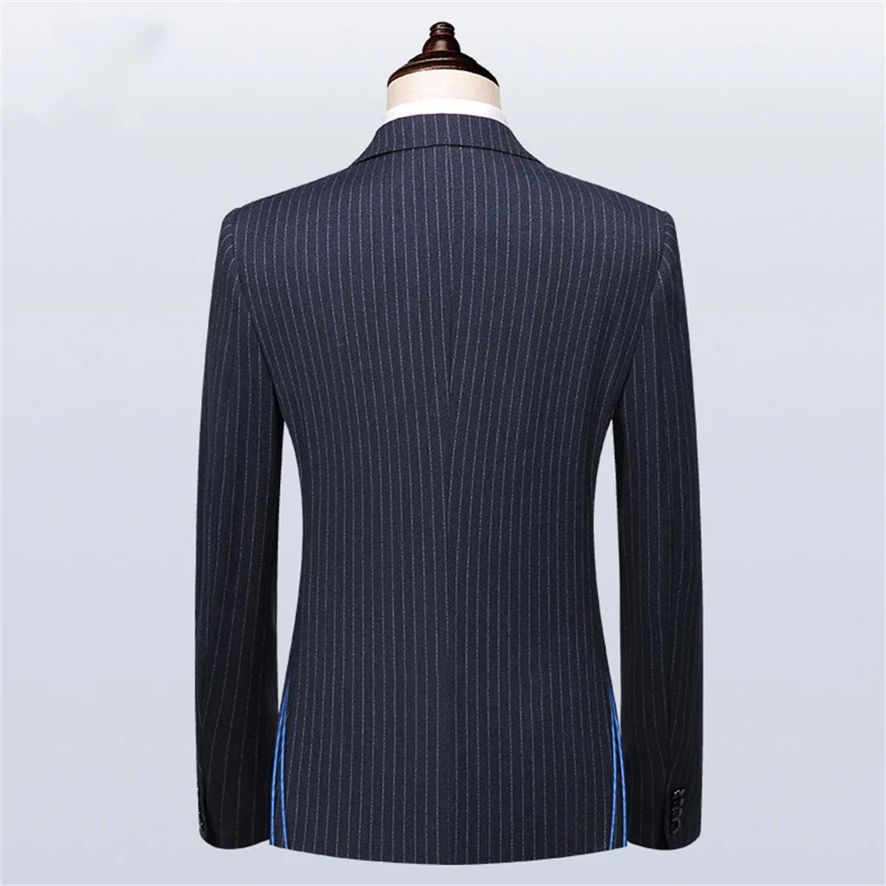 Elegant Male Suit 2023 New Stripes Double Breasted British Blazer + Vest + Pants 3Pcs Business Tuxedo Groom Wedding Men's Suit
