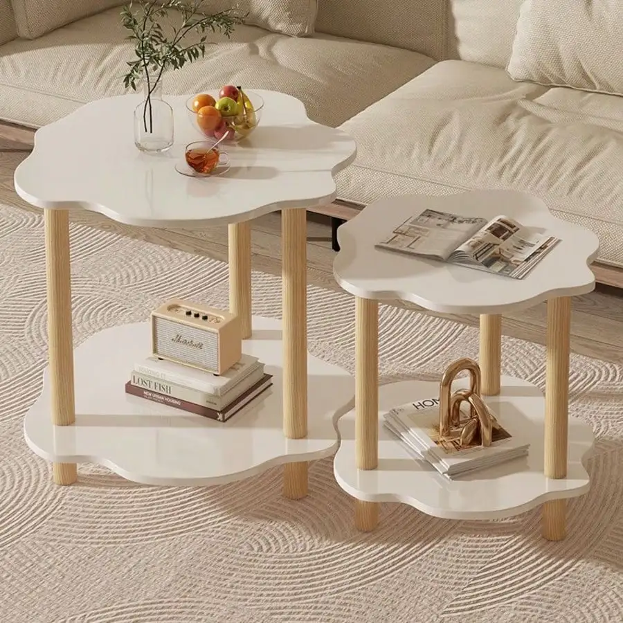 [Girly & Cozy Home Atmosphere] Ins-Style Petal Double-Layer Coffee Table Set, Easy-To-Clean Neutral Tone High-Low Side Tables Wi
