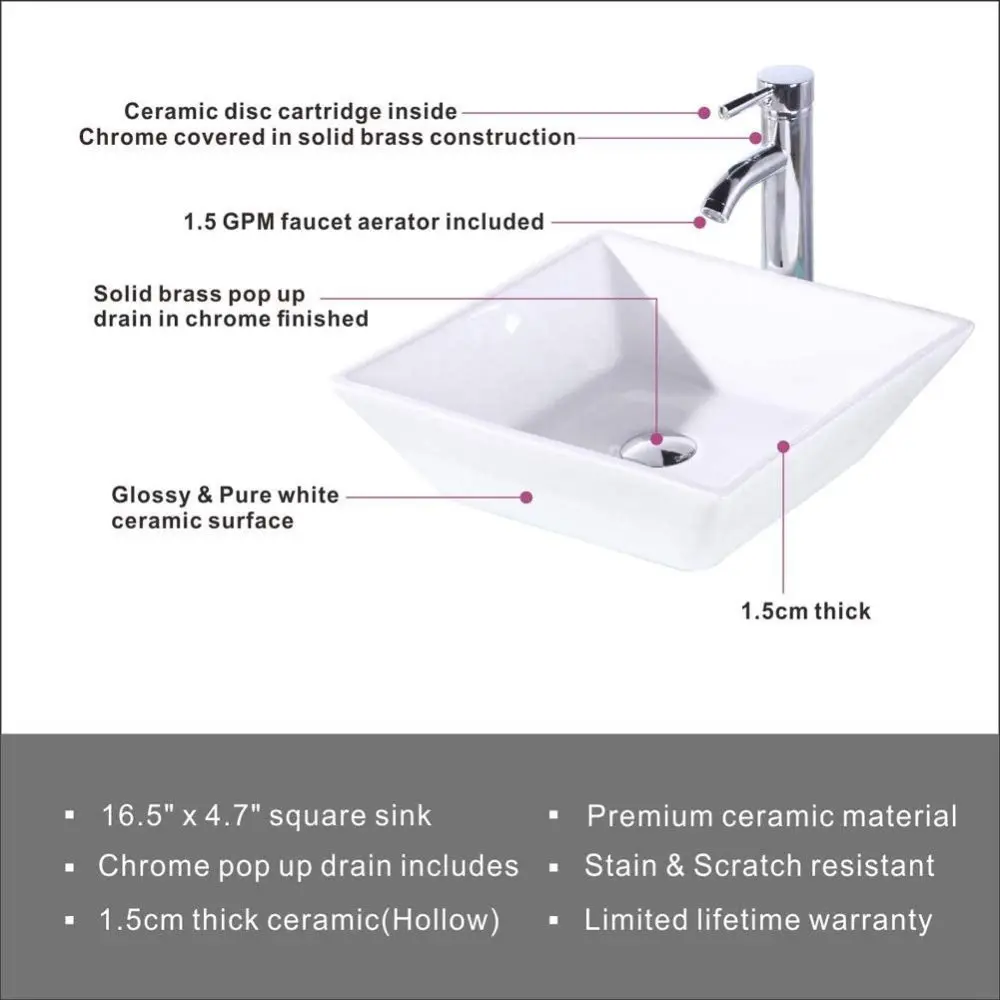 16.5" Square Bathroom Vessel Sink White Porcelain Counter Bowl for Bathroom Vanity Vessel Sink Rectangle Bathroom Modern Above 3
