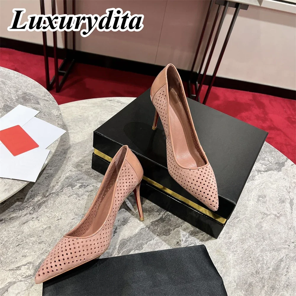 

LUXURYDITA Women Sandal Luxury 10cm 12cm High Heels Designer Customize Red Heel so kate Socialite Dinner Mules Flat shoes H220