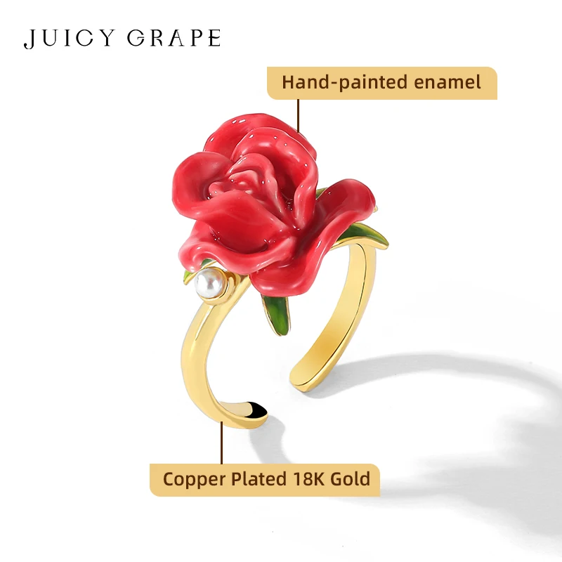 Exquisite Adjustable 18K Gold Plated Enamel Rose Ring for Women - Elegant Wedding Party Fine Jewelry