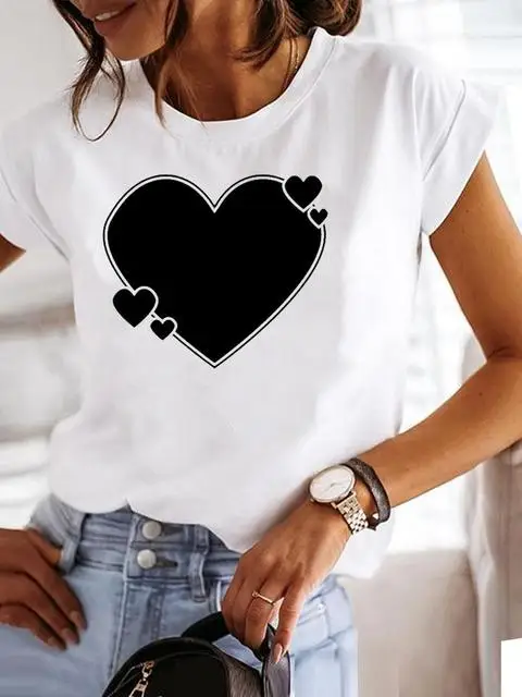 

Clothing Fashion Tee Women T-shirt Summer Short Sleeve Print Clothes Watercolor Love Heart Graphic T Shirt Female Top