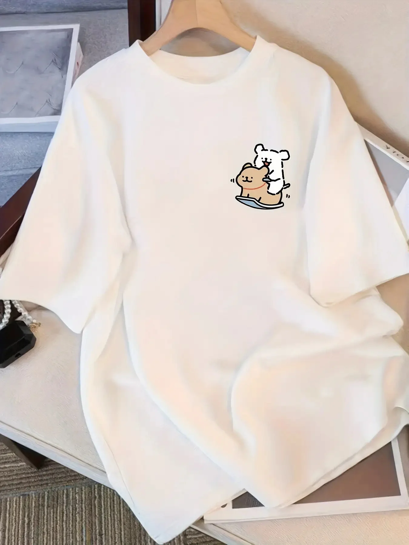 mit süßem Capybara & Hearts Print Harajuku Kurzarm Casual Damen T-Shirt Kleidung Street Tops T-Shirts Ästhetische Kleidung