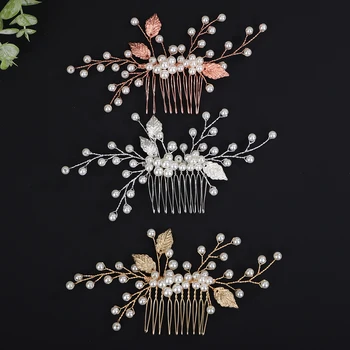 Trendy Pearl Bridal Hair Comb Silver Leaf Wedding Hair Accessories Jewelry Party Bride Hair Piece Ornaments Gold Women Tiaras