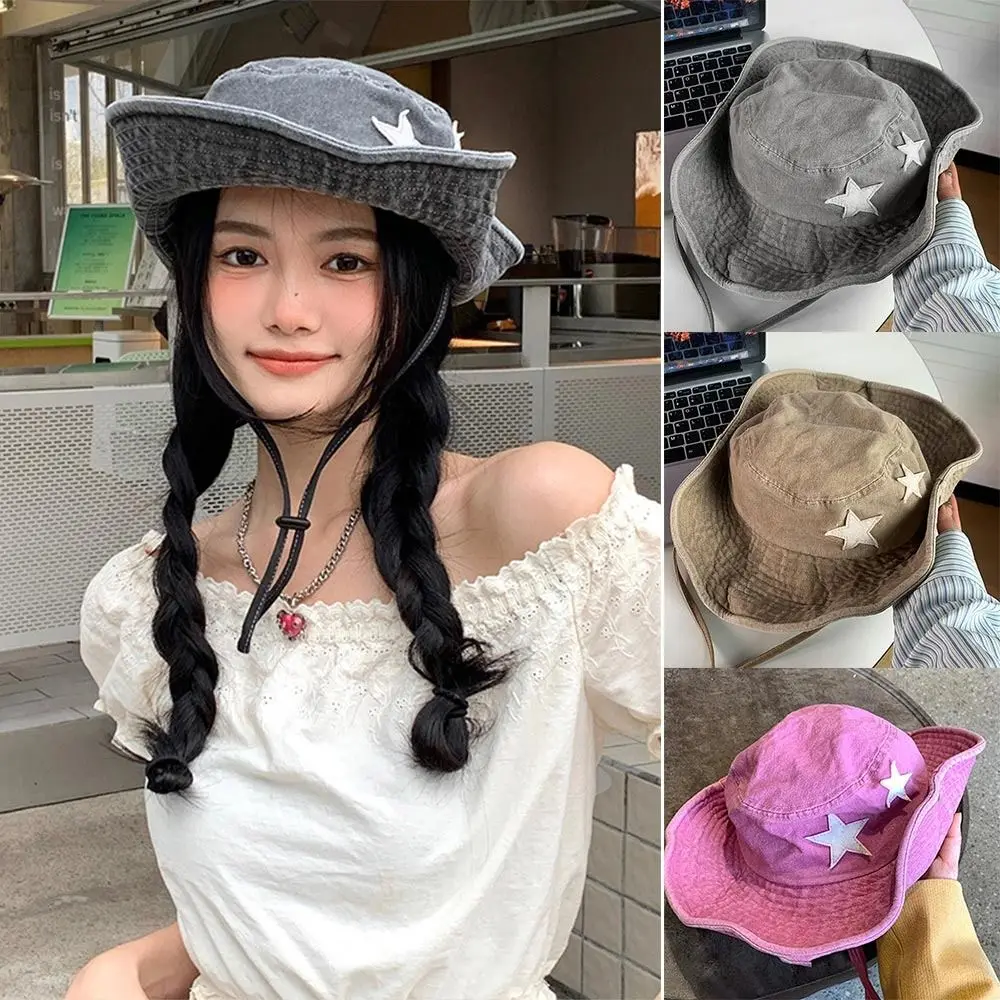 

Pink Stars Cowboy Hat Mountaineering Accessories Large brim Foldable Glitter Western Hat Punk Denim Cowgirl Hat Outdoor Hiking