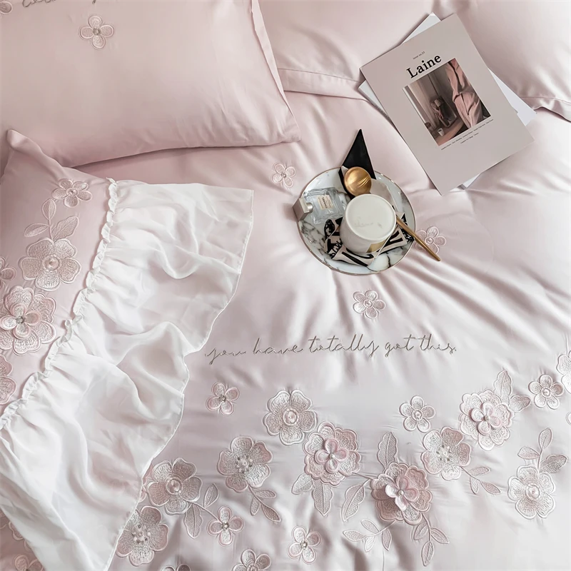 Waliicorners Lace Edge Quilt Duvet Cover Set Bed Linen Pillow Shams 1200TC Egyptian Cotton Silvery Flowers Embroidery Princess Bedding Set 10 S9ad28cef4a3d4c47a57a28a0e6cad30eb