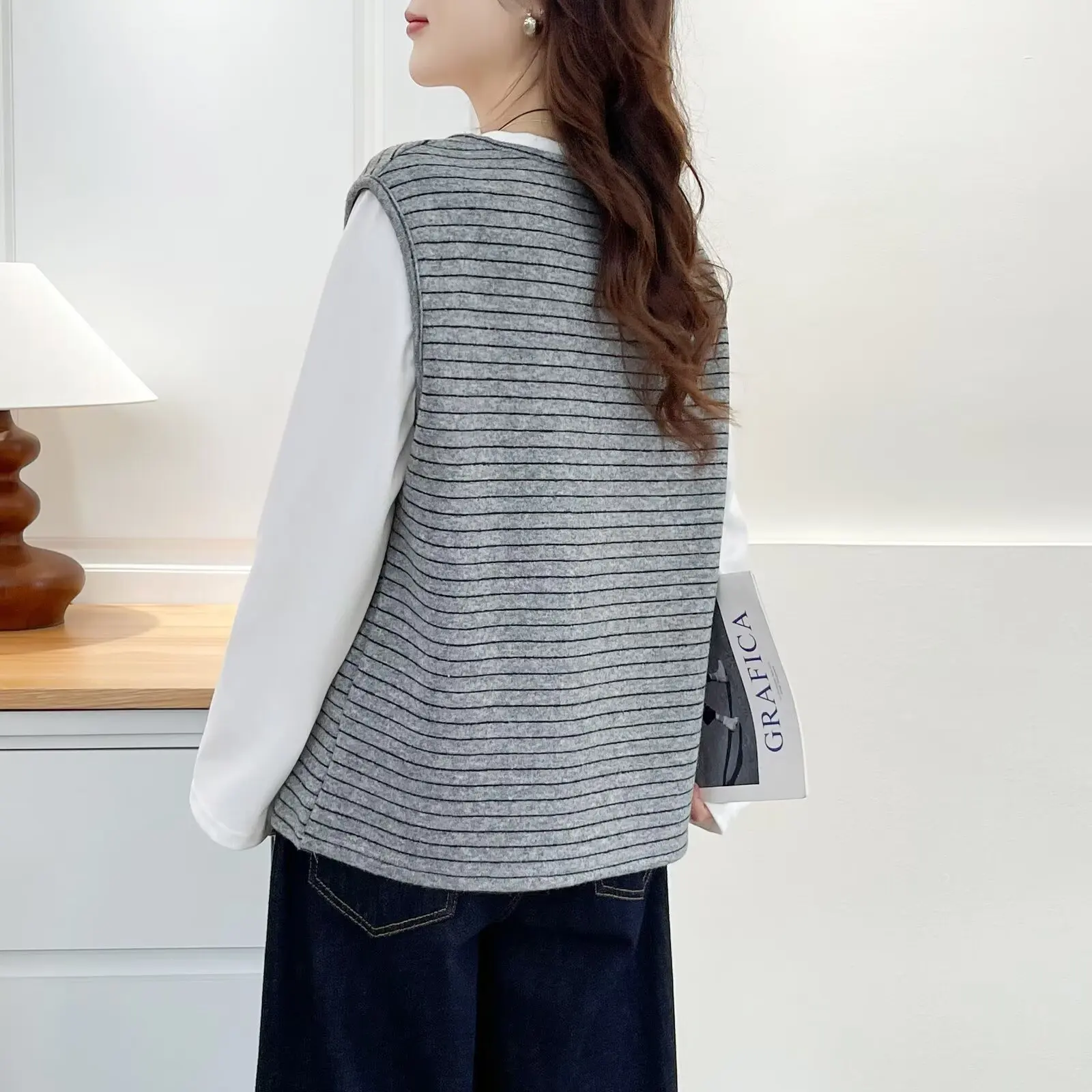 XXXXL Fashion Plus Size Women's T-Shirt New Autumn Casual Striped Patchwork Fake Two Piece Top 2542