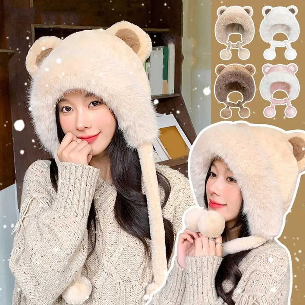 Woolen Hat Women Plush Bear Ears Windproof Autumn Winter