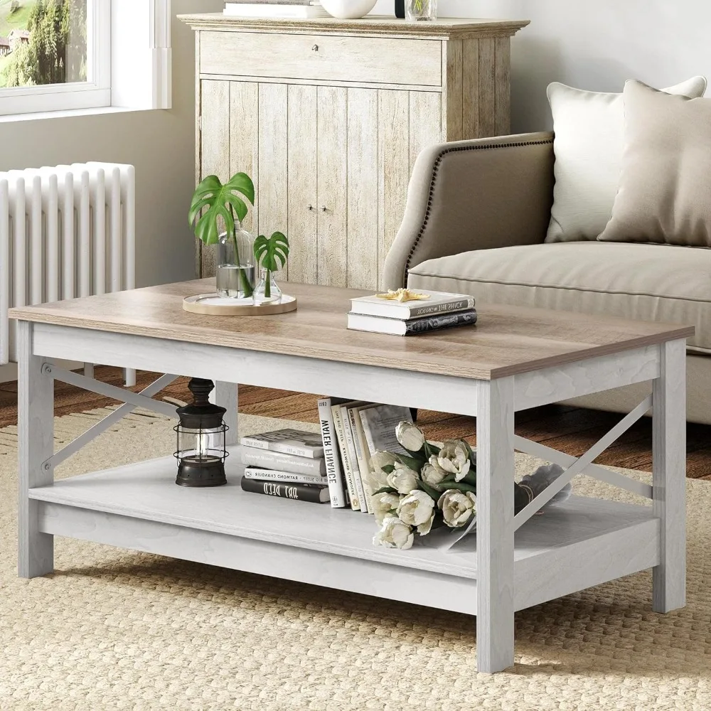 

2-Tier Center Table for Living Room Wood Living Room Table Accent Cocktail Ends Table With Sturdy Frame Furniture Grey Wash Café