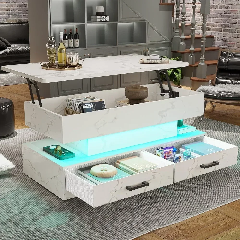 40" Lift Top Coffee Table, Coffee Tables with Storage for Living Room, Small Coffee Table with 2 Fabric Drawers & LED Lig 3
