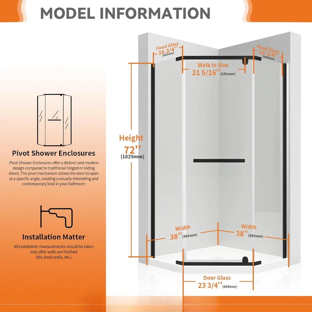 Neo-angle Shower door 38 in. D x 38 in. W x 72 in. H, Tempered Glass with Easy Clean, Frameless Pivot Shower Enclosure 2