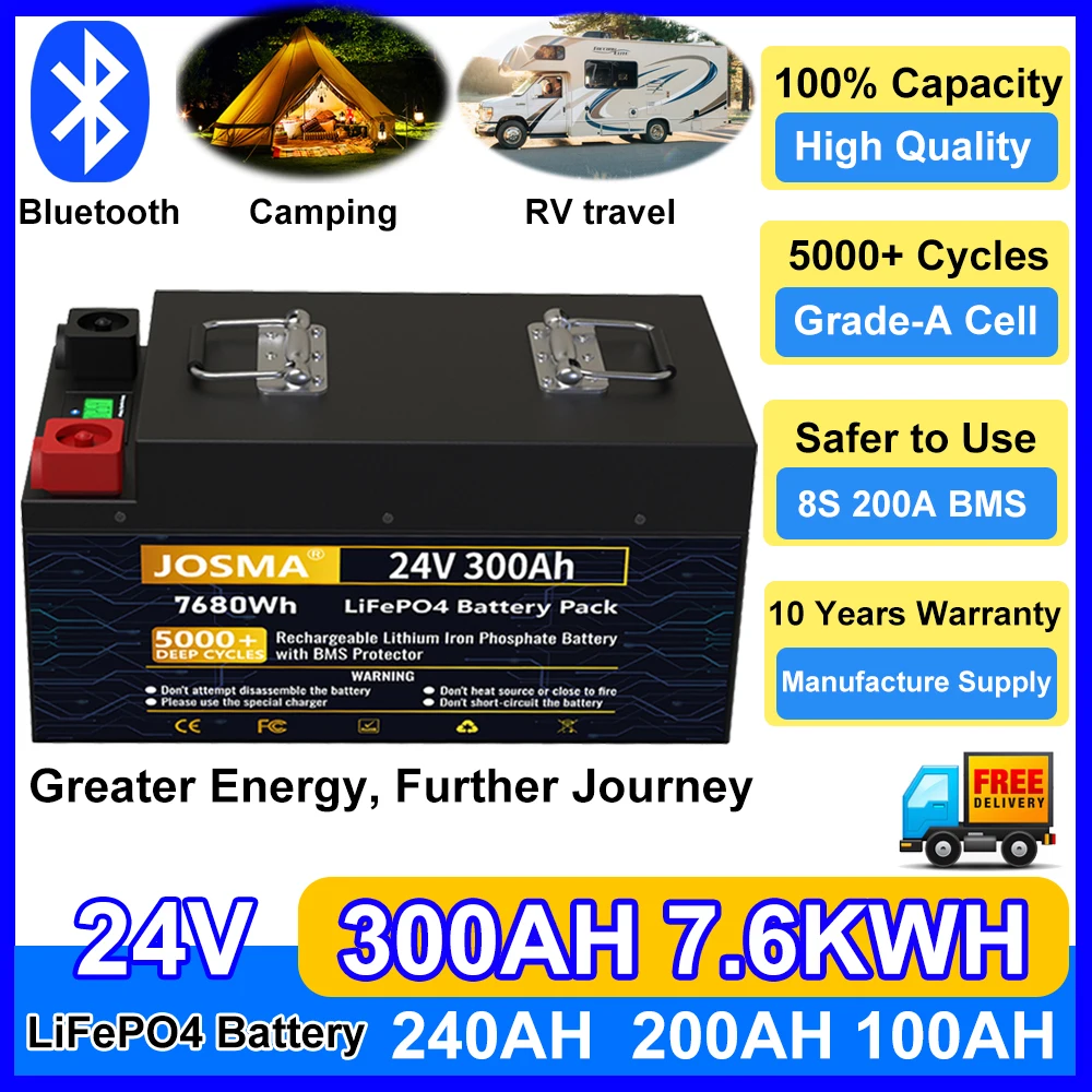 LiFePO4 24V 300Ah 200Ah 100Ah Battery Pack Bluetooth BMS 101% Capacity 5000+ Cycles 12V 24V for RV 10 Years Lifespan Tax Free