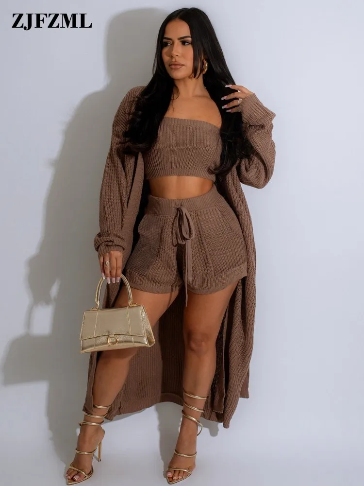 

Fashion Casual Sweater 3 Piece Outfits Autumn Winter Clothes For Women Crop Tube Top+High Waist Shorts+Long Sleeve Cardigan Sets