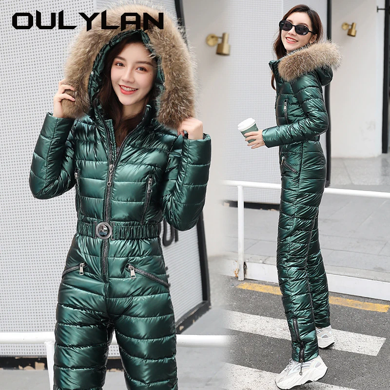 

Oulylan One Piece Ski Suit Women Jackets Winter Hooded Parka Jumpsuit Women Bodysuit Sashes Jumpsuits Zipper Overalls Tracksuits