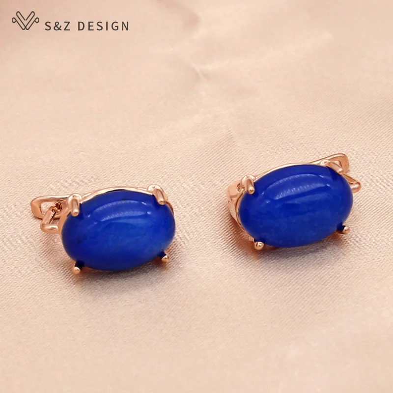 S&Z DESIGN New Vintage Oval Egg Shape Synthetic Turquoises Dangle Earrings For Women Wedding 585 Rose Gold Color Eardrop Gift