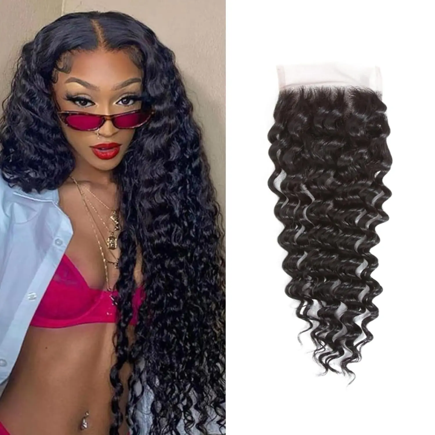 Human Hair 4x4 Deep Wave Closure Pre Plucked with Baby Hair Free Part 4x4 Lace Closure Unprocessed Brazilian Virgin Human