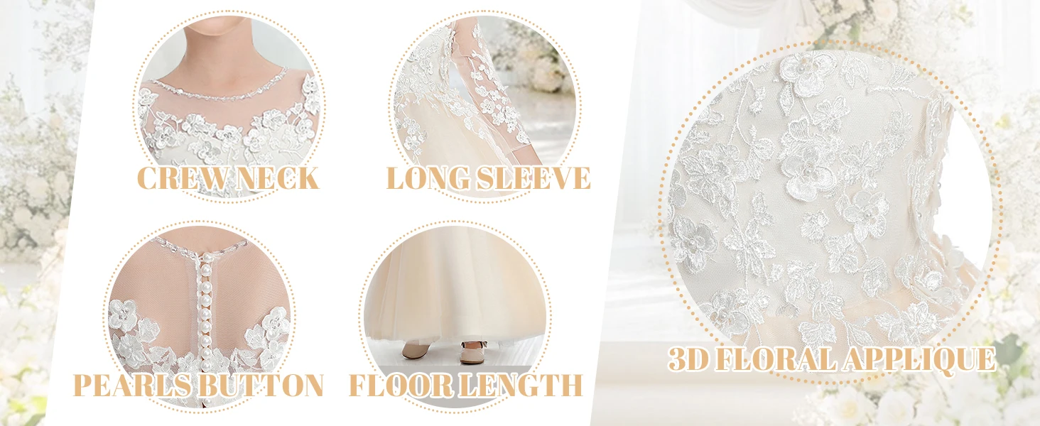 3/4 Ärmel Blumenmädchenkleider für Hochzeit 2025 Erstkommunionkleid