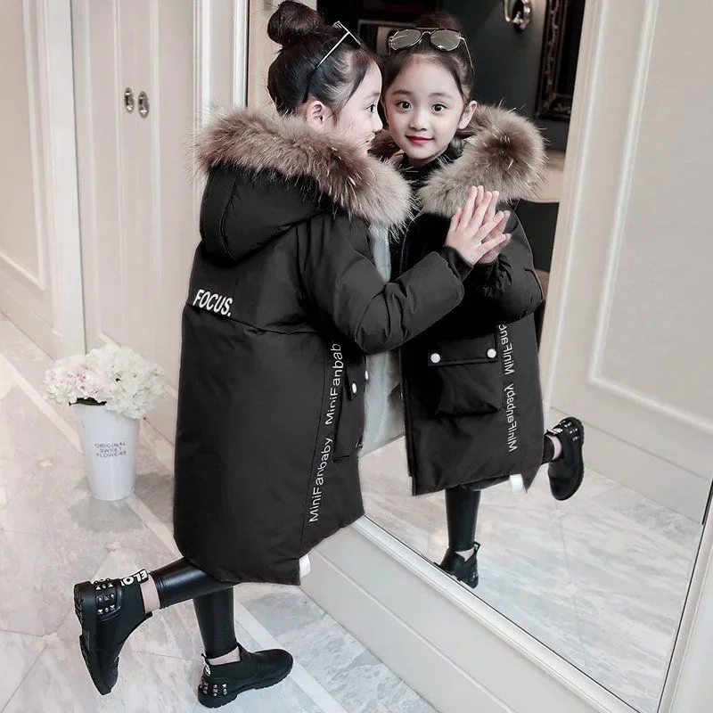 Winter Warm Jackets for Girls Fashion Fur Hooded Children Girls Waterproof Outwear Kids Cotton Lined Parkas Keep Warm Coats