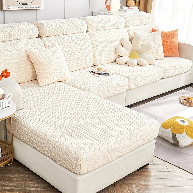 Housse De Canapé D'angle En Forme De L Ou U – Jacquard Tricoté Blanc Cassé – Lavable