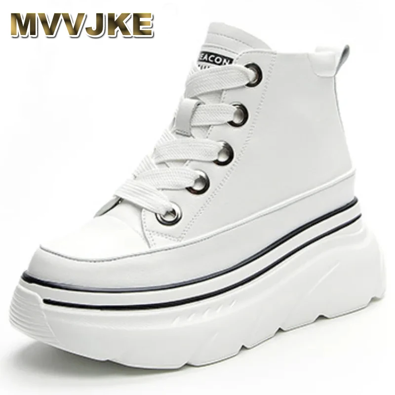 

8cm PU Microfiber Genuine Leather NEW Women Mid Calf Shoes Platform Sneakers Spring Autumn Winter Boot Women Ankle Booties