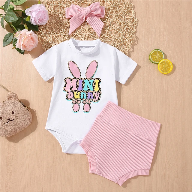 Infant Toddler Baby Girls 3Pcs Easter Outfits Short Sleeve Romper + Ribbed  Knit Shorts + Headband Newborn Clothes Set - AliExpress