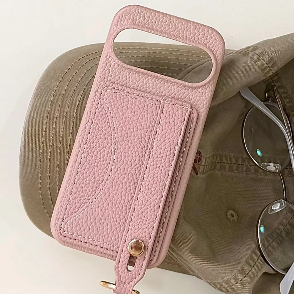 Luxury Matte Leather Wrist Strap Lanyard Wallet Phone Case