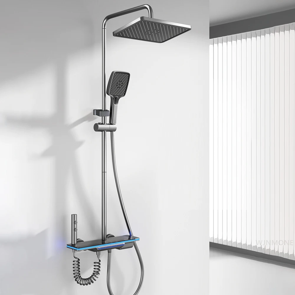 Bathroom Digital Display Shower System Brass Waterfall Shower Faucet Set Rainfall Temperature Bathtub Mixer Shower Set with Lamp 4