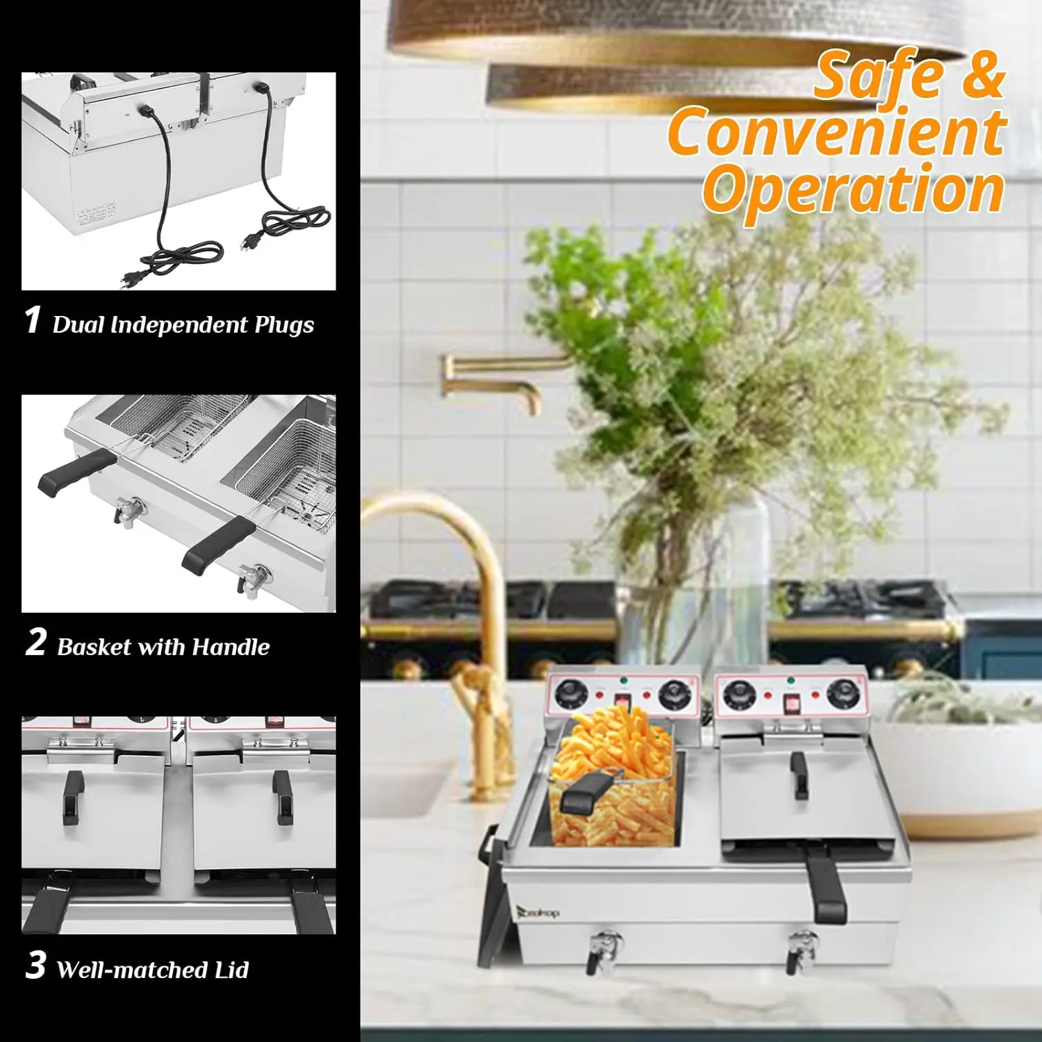 24.9QT Capacity Electric Deep Fryer with Time Control & Oil Filtration Countertop Dual Tank Fryers w/Drain Temperature Control