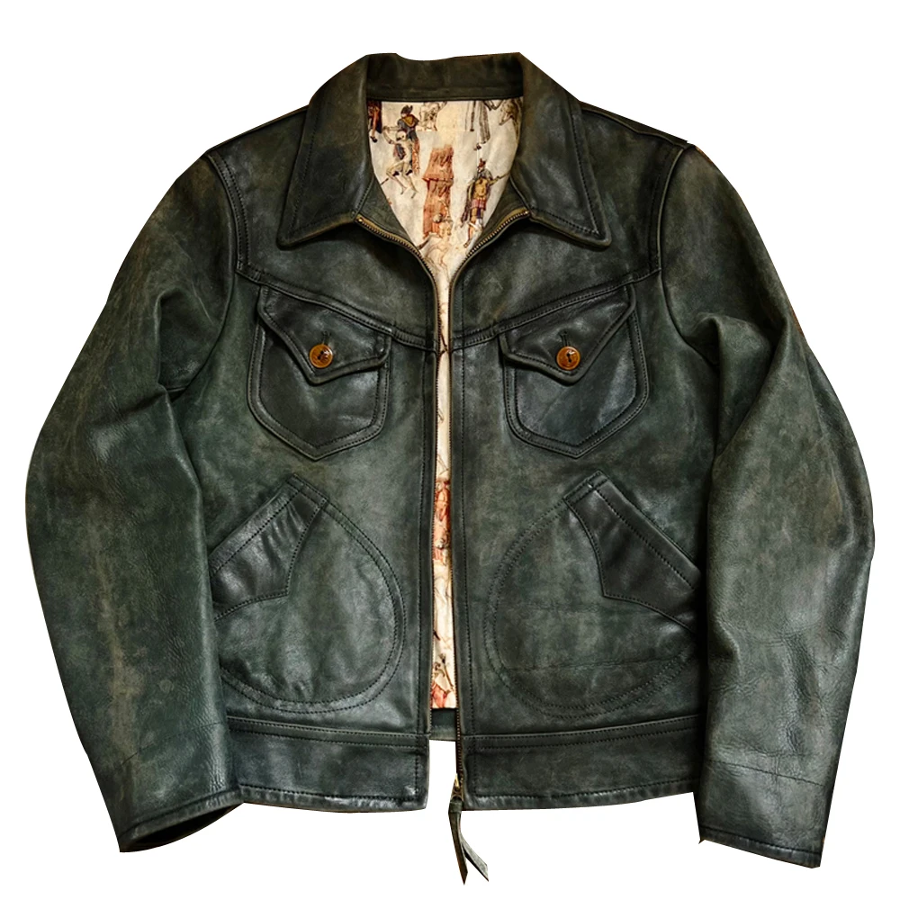 Old Fashion Vintage Mens Giacca In Pelle Di Vacchetta Street Retro Biker Mans Bomber Cappotto In Pelle 4 Tasche Giacca A Vento Soprabiti