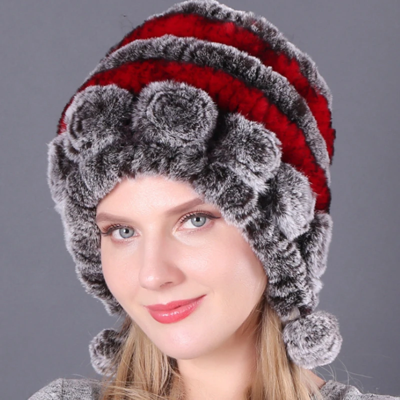 

Winter Women Flowers Striped Natural Rabbit Fur Hats Lady Warm Knit Genuine Fur Caps Russian Outdoor Fur Hats