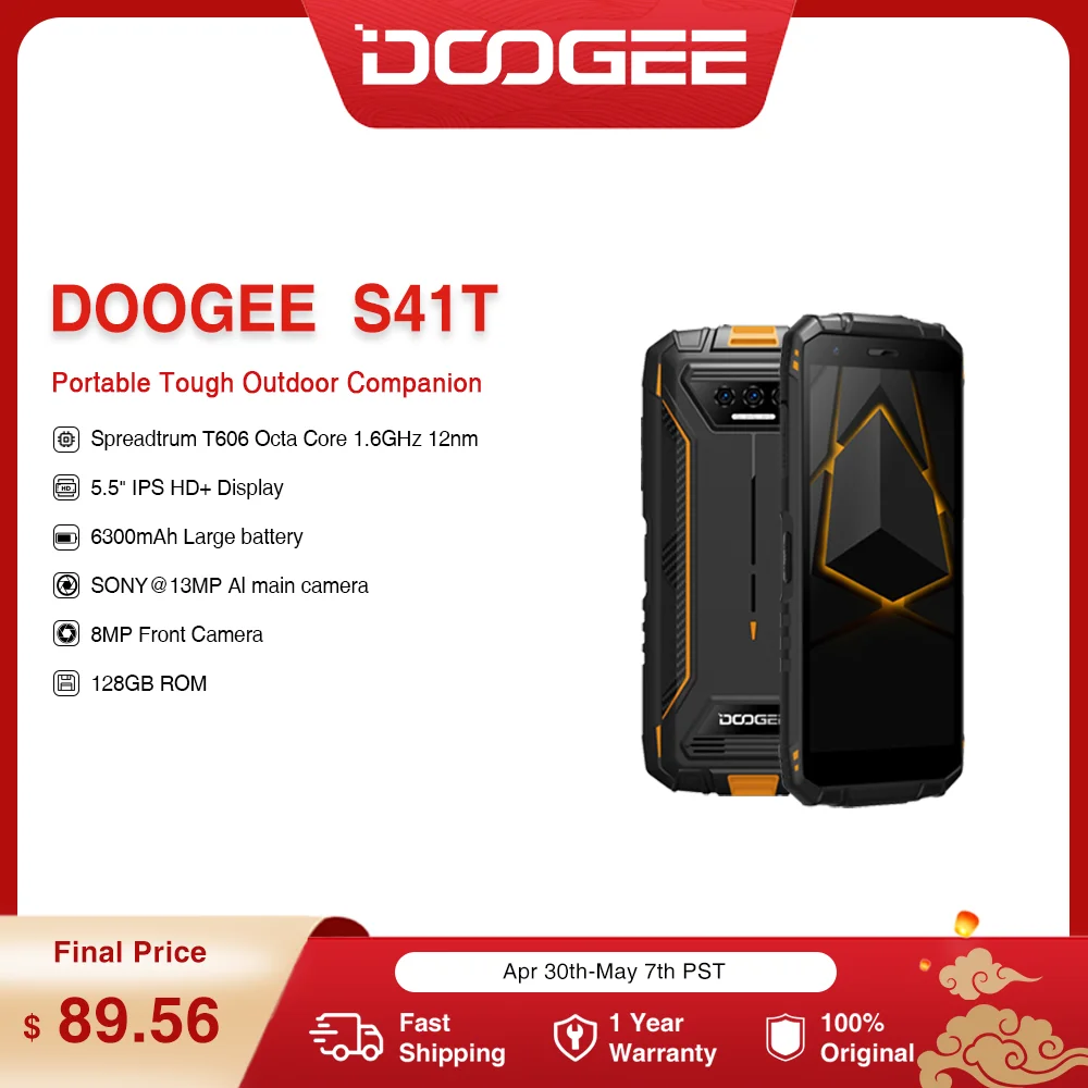 

DOOGEE S41T Rugged Phone 5.5" IPS HD 8GB RAM +64G ROM Quad Core 13MP AI Triple Camera Android 13 6300mAh Phone