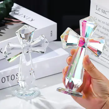 Hand-carved AB Color Crystal Cross Ornament Standing Handmade Christian Cross Crafts Exquisite Crosses Figurine Religious Gift 1