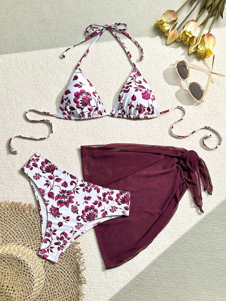 Patchwork print bikini split three-piece set with a high waist and conservative belly cover to show slim and individual