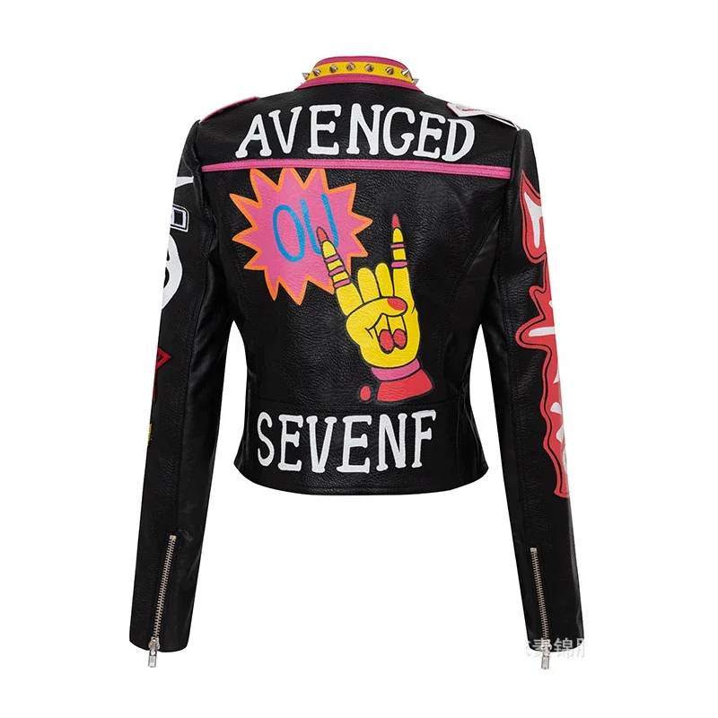 Graffiti Print Motorcycle Jacket for Women 2024 Trend Rivets Punk Style Streetwear Black Cropped Faux Leather Jackets