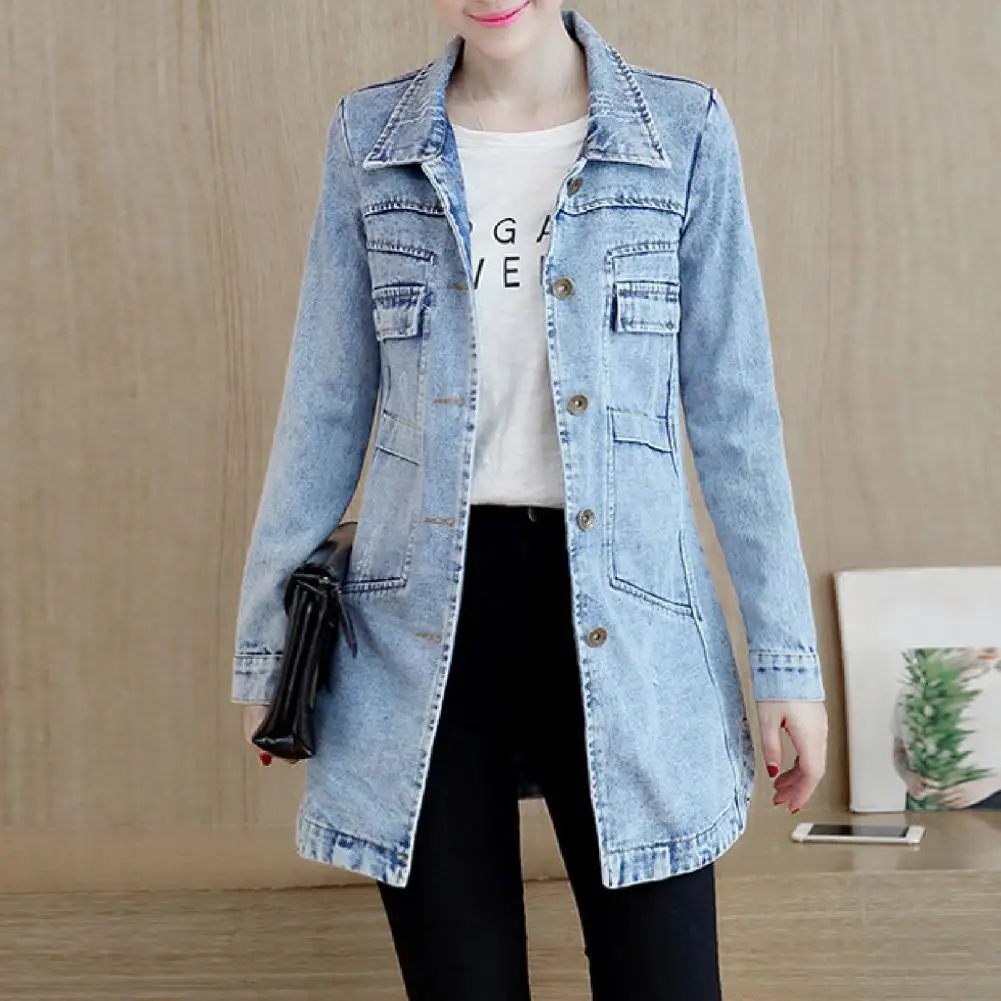 

Classic Denim Coat Long Sleeve Skin-friendly Single Breasted Irregular Hem Jacket Shrink Resistant Slim Coat for Daily Wear