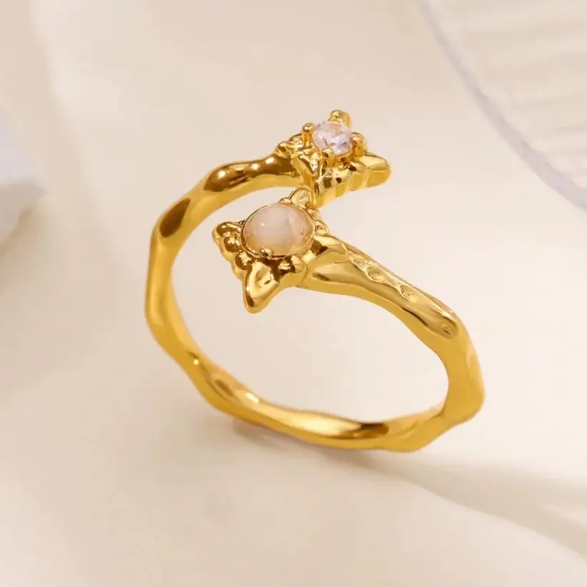 Zircon Flower Rings Gold Color Double Adjustable Stainless Steel Ring For Women
