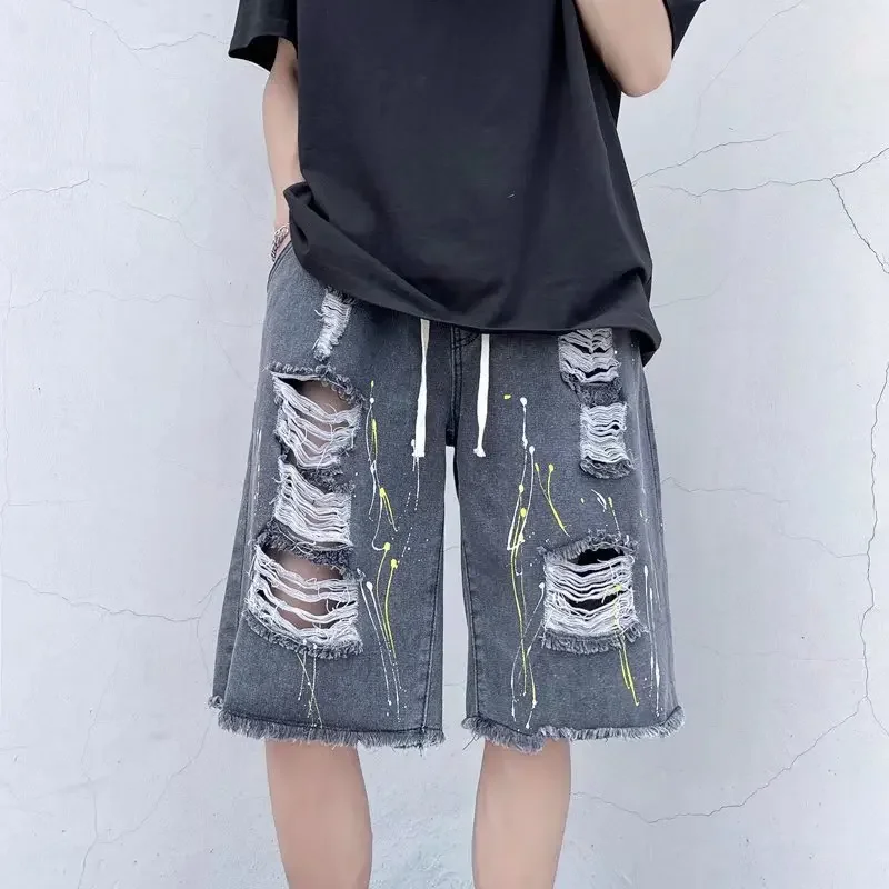 New Hot Sale Of The Season Men's Denim Shorts Five-Quarter Length Beachwear Torn Faded Elastic Casual Summer Shorts for Couples
