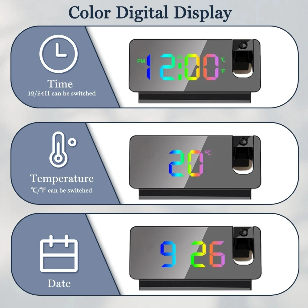 Color 180 ° rotating LED digital projection alarm clock USB electronic ceiling projector alarm clock bedside table clock 3