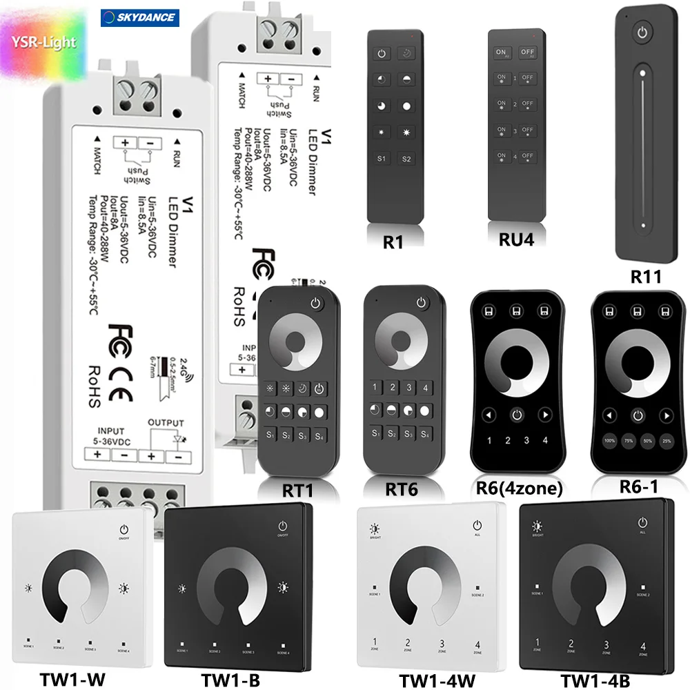 V1 Wireless Led Dimmer Controller Switch + Touch Rf Remote Dc5V/12V/24V 8A Pwm Per Single Color Cob 5050 3528 Dimming Led Strip