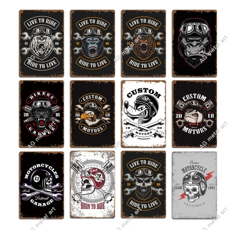 Custom Motor Skull Metal Plaque Art Paintings Paint On Plate Vintage Metal Tin Sign Bar Garage Moto Club Wall Signs Decor