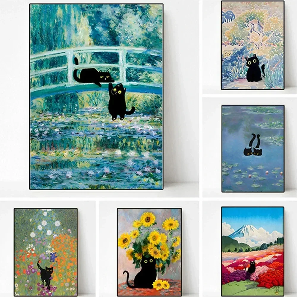 Whimsical Starry Night Cat Canvas Art - Colorful Abstract Floral Decor