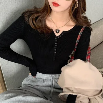 سترات نسائية أساسية متينة غير رسمية Y2k بأزرار على الموضة الكورية محبوكة بأكمام طويلة بلوزات للسيدات بلوفرات للخريف والشتاء 3