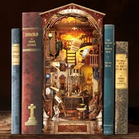 DIY Wooden Book Nook Shelf Insert Kit Miniature Building Kits Magic House Bookshelf with Light Bookends Friends Birthday Gifts 2