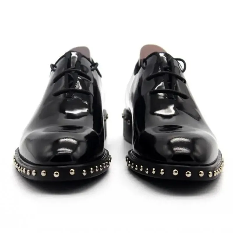 Handmade Genuine Leather Black Rivets Men Shoes Fashion Lace up Cow Male Wedding Dress Shoe