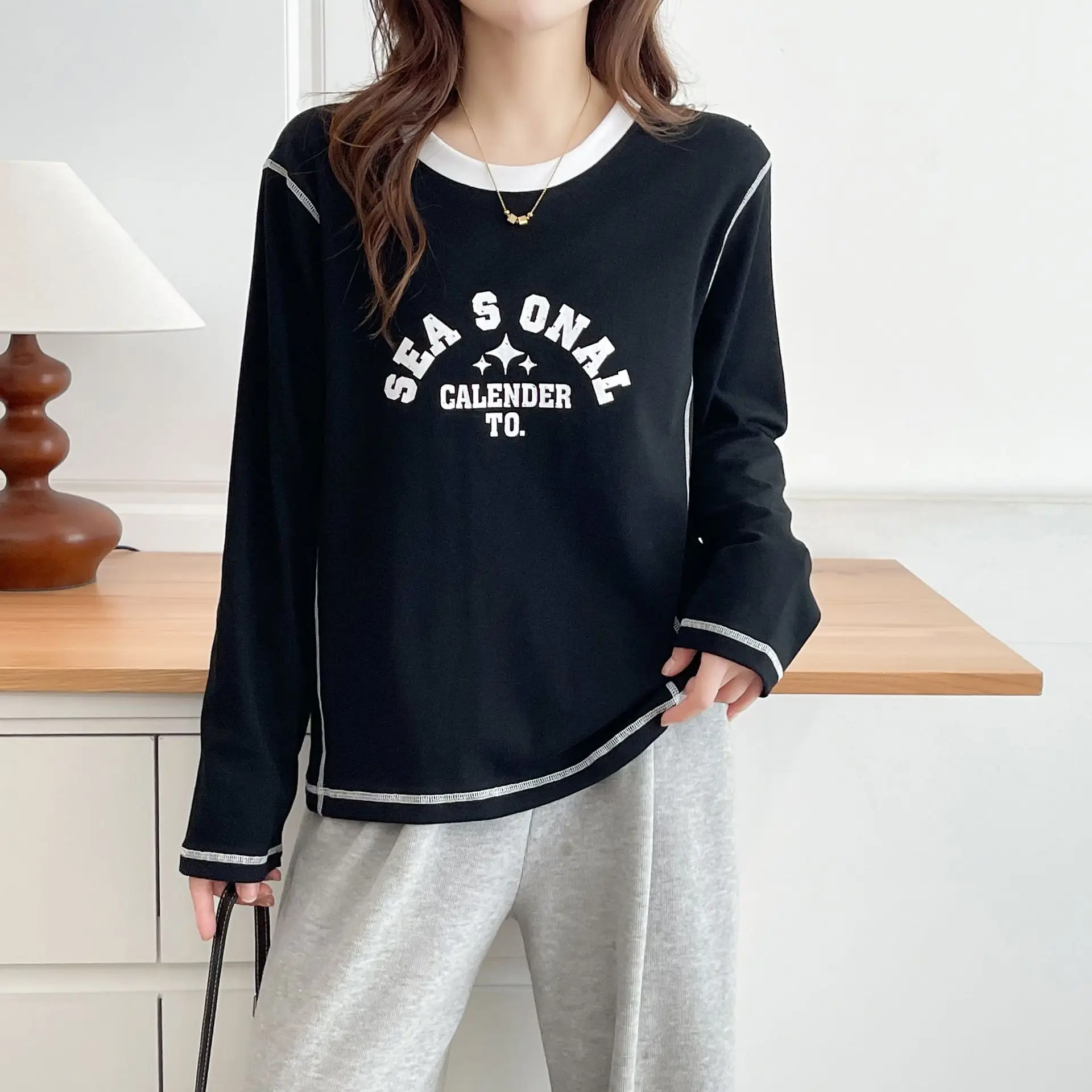 Fashion Plus Size Women's T-Shirt Autumn New Style Long Sleeve Top With Bright Line Printed Letters Youthful Student Tees 7032