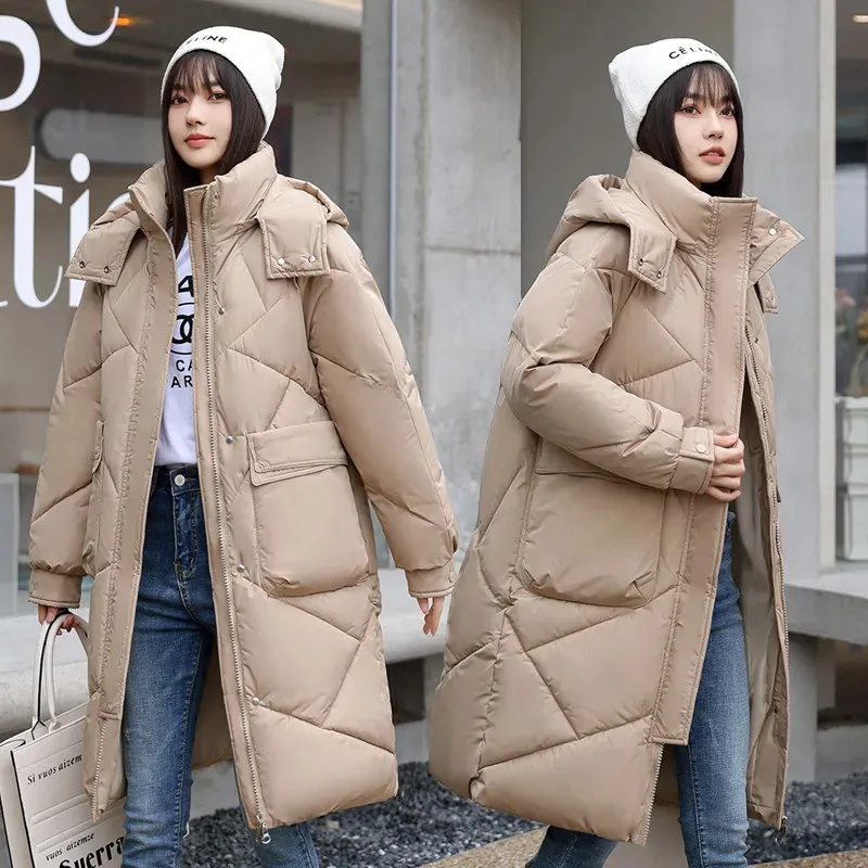 

2024 New Winter Women Thick Warm Down Cotton Jacket Warm Loose Hooded Padded Clothing Long Parkas Snow Wear Overcoat Female B076