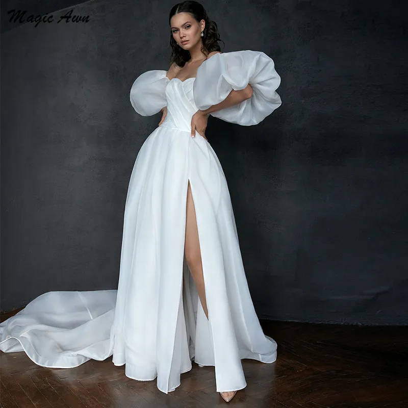 

Magic Awn White Organza Wedding Dresses Boho Side Slit Detachable Short Sleeves Lace-Up Back Mariage Gowns Simple Vestidos Novia