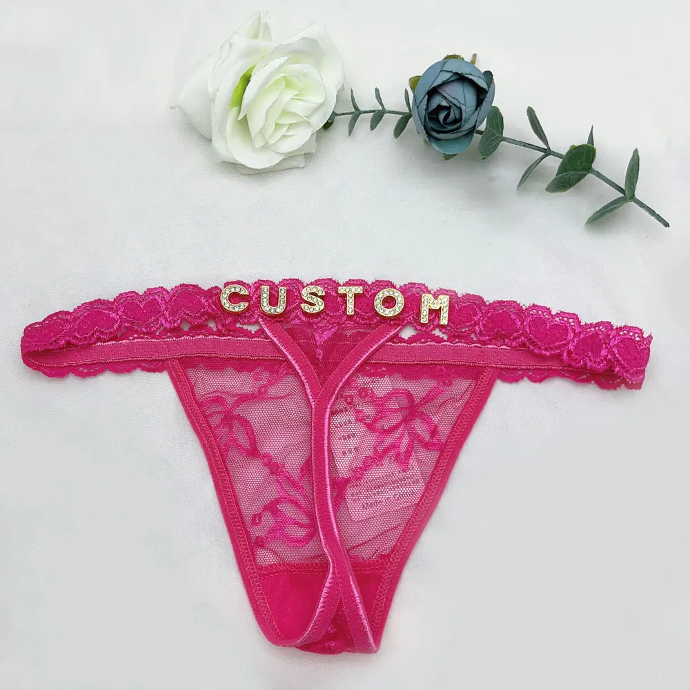 Personalized Lace Thong With Jewelry Silver Crystal Letter Name her Gift  Custom