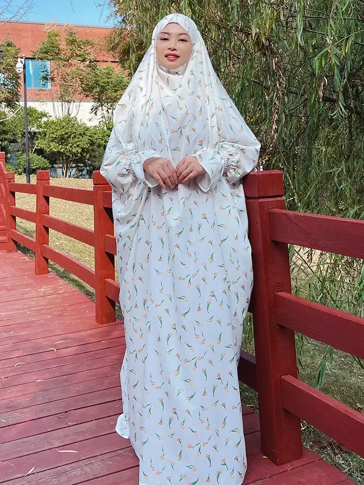 Ramadan Floral Print Hoody Abaya Muslim Prayer Dress Long Khimar Hijab Full Cover Abayas for Women Dubai Islam Kaftan Robe Niqab