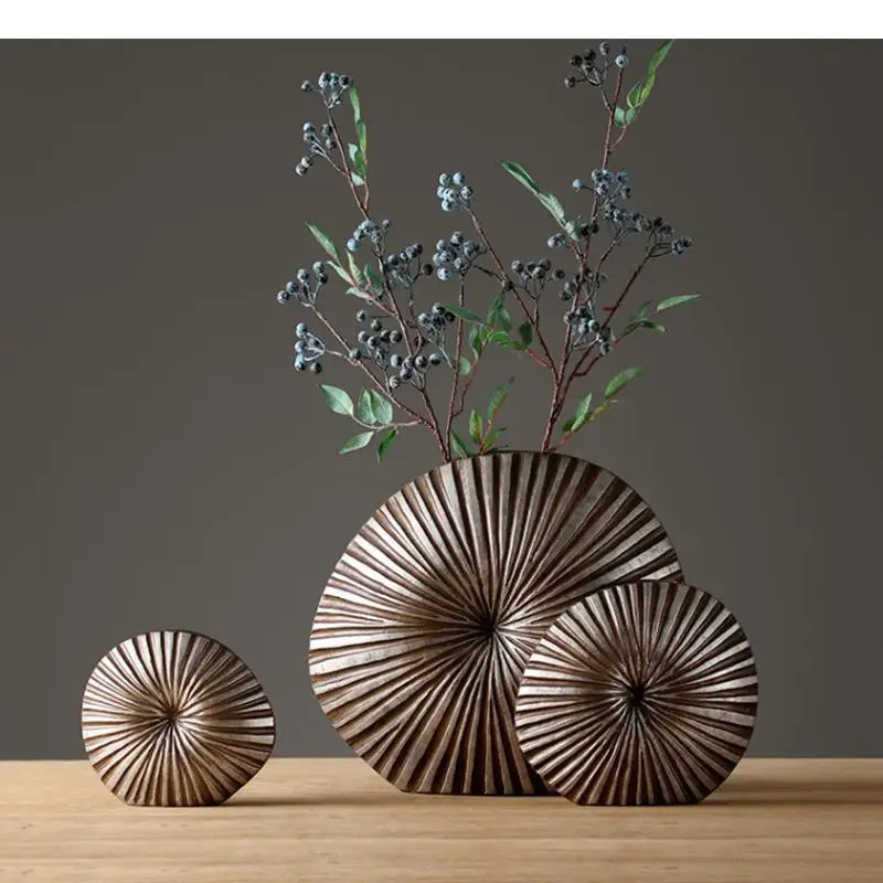 

Resin Crafts Flower Arrangement Round Flower Vase Stripe Irregular Bumps Imitation Wood Texture Modern Home Decoration